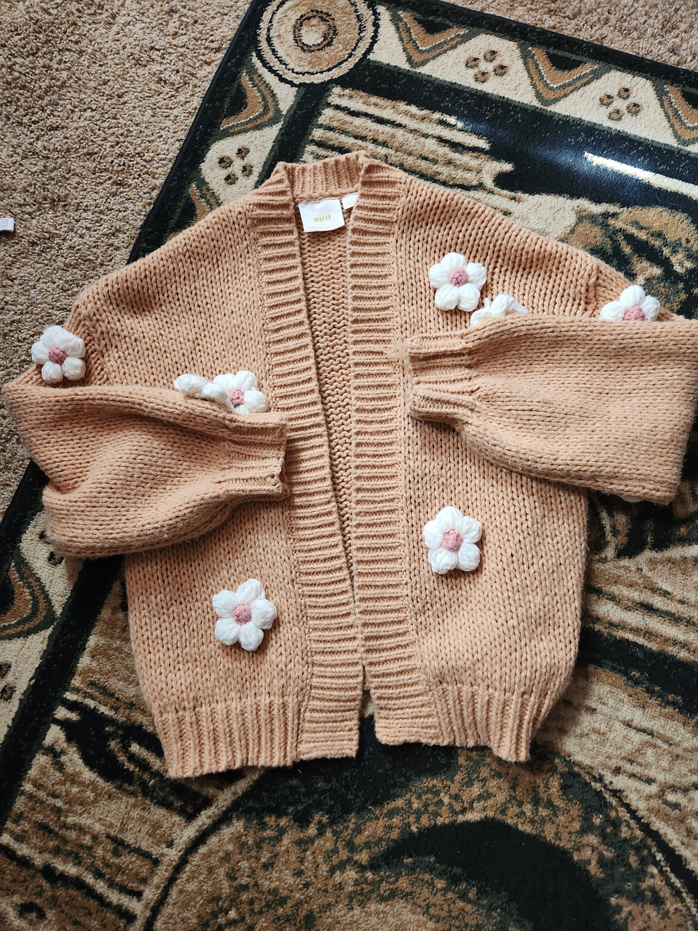 Maeve Peach Flower-Appliqué Chunky Cardigan